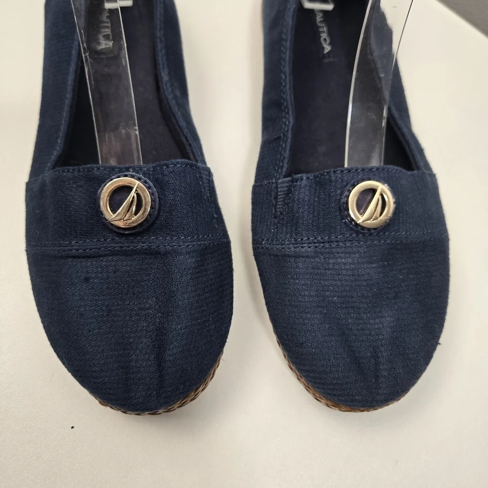 Nautica Women's Navy Loafers with Brown Braided Sole